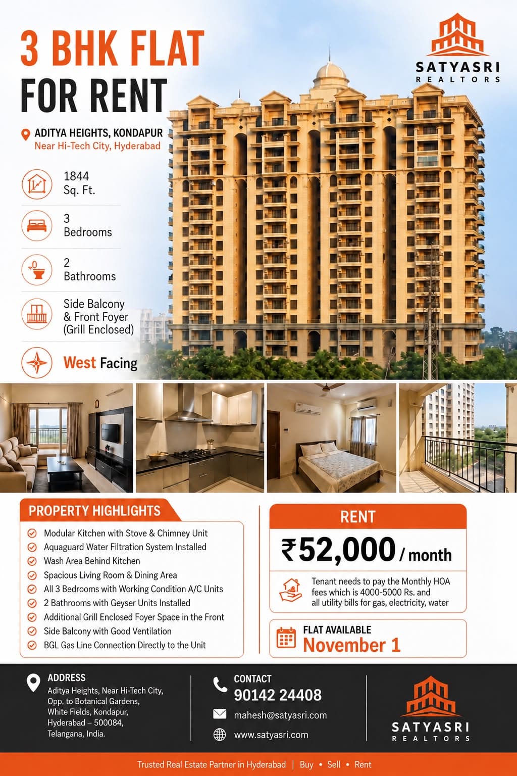 3 BHK Flat for Rent — Aditya Heights, Kondapur